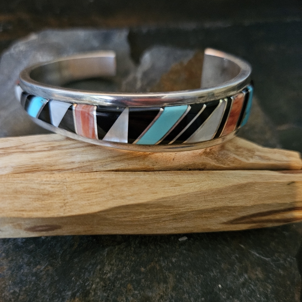 Vintage Zuni Artist signed Heavy Inlay Cuff Bracelet